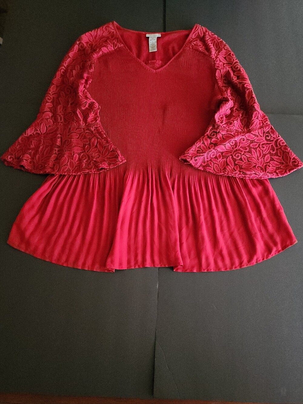 Catherine's Womens Red Tunic Style, Crinkle Peplum Lace Bell Sleeve, W-2 XL